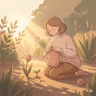 담연심리상담센터의 학부모 상담을 묘사하는 이미지, 따뜻한 햇살 아래 정원에서 뜨개질을 하며 꽃과 새싹을 돌보는 소녀의 일러스트.