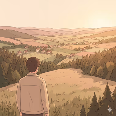 담연심리상담센터의 학부모 상담을 묘사하는 이미지, 허리를 굽힌 채 넓은 들판과 작은 집들이 보이는 산골 마을을 바라보는 남자.