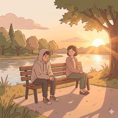 담연심리상담센터의 학부모 상담을 묘사하는 이미지, 노을이 지는 강가 벤치에 앉아 서로 다른 감정을 가진 두 사람이 있는 장면.