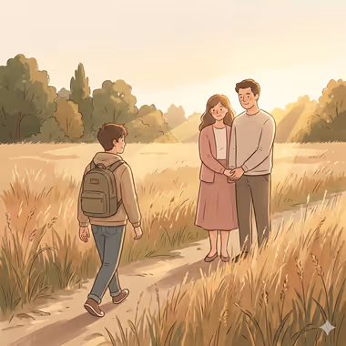 담연심리상담센터의 학부모 상담을 묘사하는 이미지, 아이를 맞이하러 들판의 길가에 손을 맞잡고 서 있는 남녀와 그들에게 다가가는 배낭을 멘 소년.