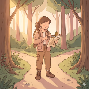 담연심리상담센터의 대학생 상담을 묘사하는 이미지, 숲 속 두 갈래 길에서 지도와 나침반을 들고 탐험하는 여성.