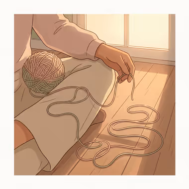 담연심리상담센터의 성인 상담을 묘사하는 이미지, 양말을 짜기 위해 실을 손에 들고 있는 사람의 무릎 위에 놓인 실타래.