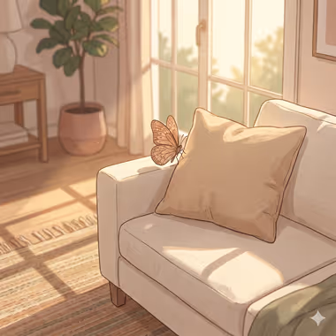 담연심리상담센터의 펫로스+애도 상담을 묘사하는 이미지, 햇살이 비치는 창가 소파 위에 베이지색 쿠션과 나비가 앉아 있는 아늑한 방 풍경.