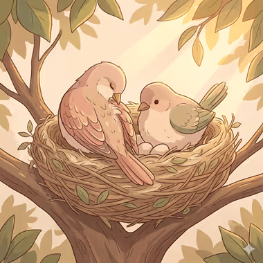 담연심리상담센터의 예비부모 교육프로그램을 묘사하는 이미지, 나무 둥지 안에 알과 함께 앉아 있는 두 마리의 기분 좋은 새들.