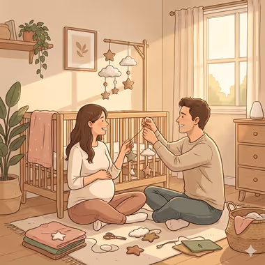 담연심리상담센터의 예비부모 교육프로그램을 묘사하는 이미지, 임신한 여성이 아기 침대 옆에서 남성과 함께 아기용 모빌을 조립하는 따뜻한 분위기의 거실.
