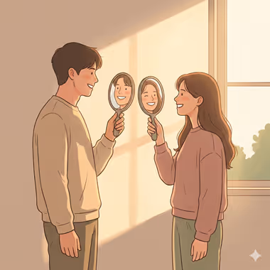 담연심리상담센터의 커플 성격이해 상담을 묘사하는 이미지, 창가에서 손거울을 들고 서로 마주 보며 웃고 있는 남녀의 따뜻한 일러스트.