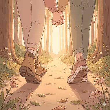 담연심리상담센터의 커플 성격이해 상담을 묘사하는 이미지, 길을 걷는 두 사람이 손을 잡고 자연 속 꽃과 나무 사이를 걷는 모습.