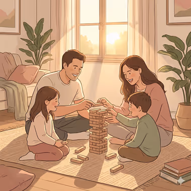 담연심리상담센터에서 가족들이 가족상담을 받으며 거실 바닥에 앉아 블록 쌓기 놀이를 하며 웃고 있는 모습.