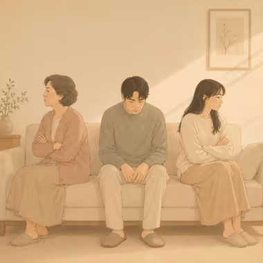 담연 심리상담센터 고부갈등 상담 프로그램 상세 안내 이미지1 . 며느리, 사위, 시어머니가 소파에 앉아 근심스러운 표정을 짓고 있다.