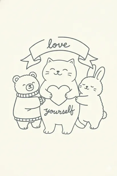하트를 들고 있는 고양이와 그 양옆에서 고양이를 안고 있는 곰과 토끼의 따뜻한 손그림, 위에는 'love', 아래에는 'yourself'라는 글자가 있음.