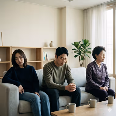 심리상담을 위한 가족교육 프로그램 안내 이미지. 가족 다섯 명이 식탁에 둘러앉아 미소를 지으며 식사 준비된 음식을 나누고 있다.