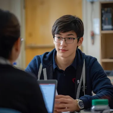 담연 심리상담센터, 청소년/영재 상담 안내 이미지. 안경을 쓴 청년이 상담실에서 상담사와 대화하고 있다.