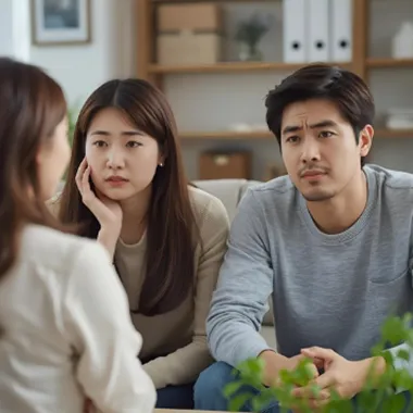 담연 심리상담센터, 학부모 상담 안내 이미지. 학부모가 상담실에서 상담사와 대화하고 있다.