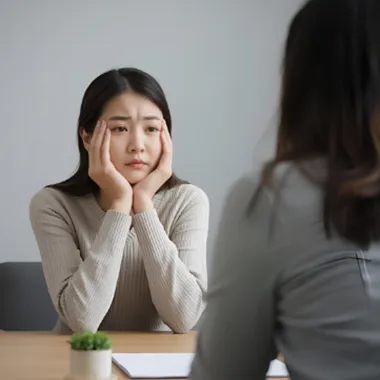 담연 심리상담센터, 대학생 상담 안내 이미지. 여자 대학생이 상담사와 대화하고 있다.